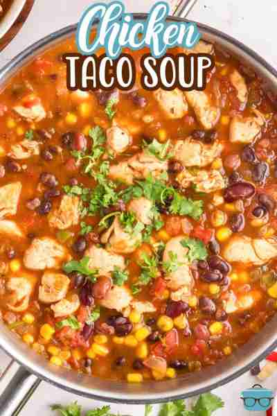 Chicken Taco Soup is made with tender, chicken, a variety of beans, corn, diced tomatoes, taco seaso...