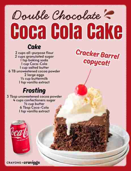 Just like the one from Cracker Barrel—only better homemade! DOUBLE CHOCOLATE COCA COLA CAKE 2 cups a...