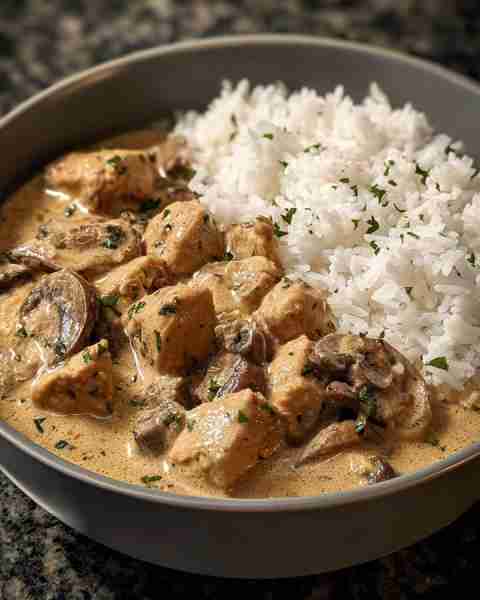 🍄 Creamy Chicken & Mushroom Stroganoff with Rice 🍚✨ Prep Time: 15 minutes Cook Time: 25 minutes S...