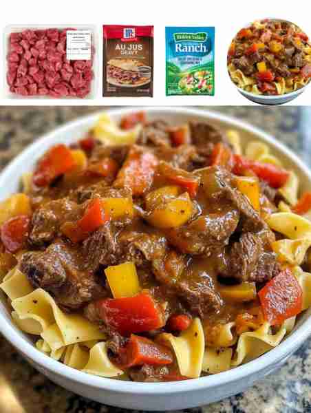 Crockpot Mississippi Beef and Noodles Ingredients: - 2 lbs beef stew meat - 1 packet ranch seasoning...