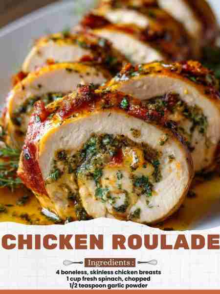 Chicken Roulade Ingredients: 4 boneless, skinless chicken breasts 1 cup fresh spinach, chopped 1/2 t...