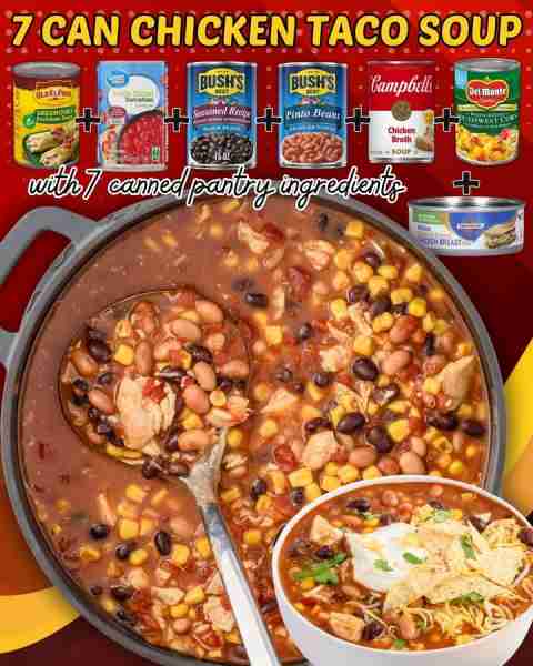 7 CAN CHICKEN TACO SOUP! 15.5 oz can pinto beans 15.25 oz can southwest corn with juice 15.25 oz can...