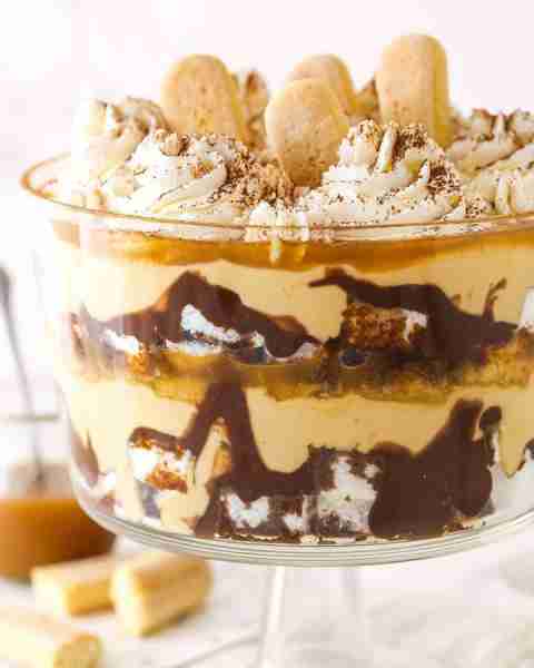 This quick and easy Caramel Macchiato Tiramisu Trifle is made with layers of cubed angel food cake,...