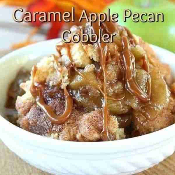 CARAMEL APPLE PECAN COBBLER! 🍏 Loaded with juicy, tender, tart apples, chopped pecans and Delicious...