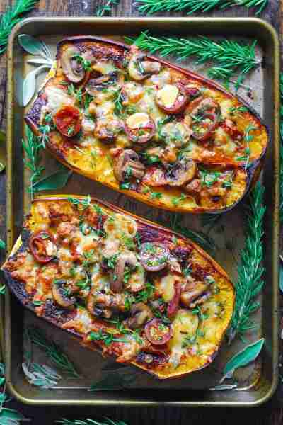 🍅 Italian Sausage Stuffed Spaghetti Squash with Spinach, Tomatoes, and Mushrooms. 🍅 Just like Ital...
