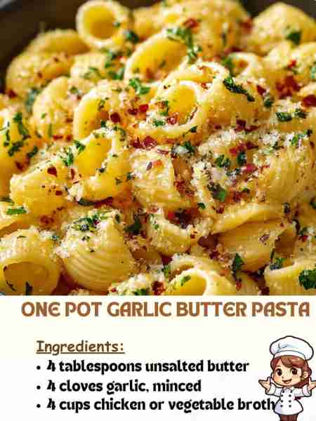 One Pot Garlic Butter Pasta Ingredients 4 tablespoons unsalted butter 4 cloves garlic, minced 4 cups...