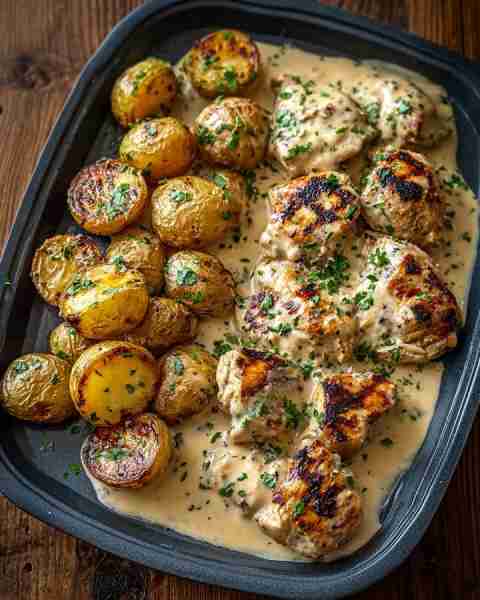 🍗 Grilled Chicken with Creamy Mustard Sauce & Crispy Potatoes 🥔✨ Prep Time: 15 minutes Cook Time:...
