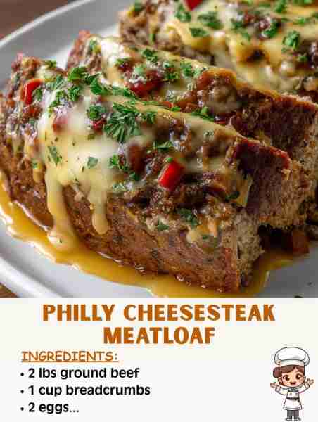 🥩🧀 Philly Cheesesteak Meatloaf 🛒 Ingredients 2 lbs ground beef 1 cup breadcrumbs 2 eggs