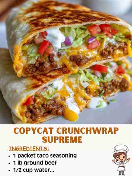 🌮🔥 Copycat Crunchwrap Supreme – Better Than the Drive-Thru! 🛒 Ingredients: • 1 lb ground beef • 1...