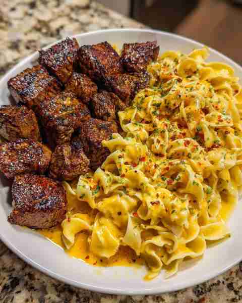 Garlic Butter Steak Tips with Buttered Egg Noodles in Cheddar Sauce Ingredients: 1 ½ lbs sirloin or...