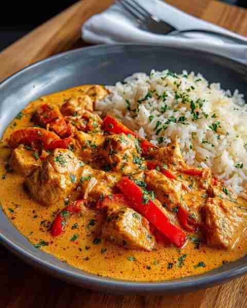 🍛 Creamy Chicken Curry with Red Peppers & Rice 🌶️🍚 Prep Time: 15 minutes Cook Time: 30 minutes Ser...