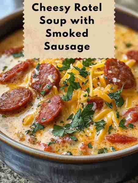 Cheesy Rotel Soup with Smoked Sausage Ingredients: - 1 lb smoked sausage, sliced - 1 can Rotel tomat...