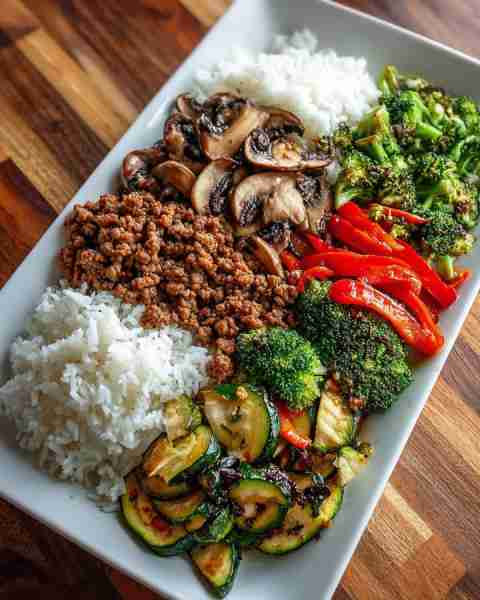 Beef & Veggie Rice Bowl with Garlic Stir-Fry 🌿🍚 Prep Time: 20 minutes Cook Time: 25 minutes Servin...