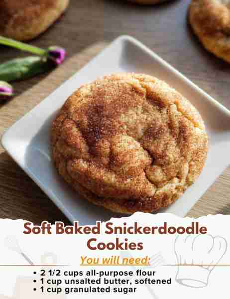 Soft Baked Snickerdoodle Cookies Ingredients: - 2 1/2 cups all-purpose flour - 1 1/2 teaspoons cream...