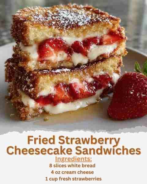 Fried Strawberry Cheesecake Sandwiches Ingredients: - 8 slices white bread, crusts removed - 4 oz cr...