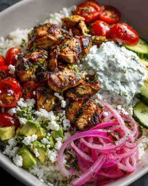 🥗 Mediterranean Chicken Rice Bowl with Tzatziki & Feta 🌿🍋 Prep Time: 25 minutes Cook Time: 20 min...