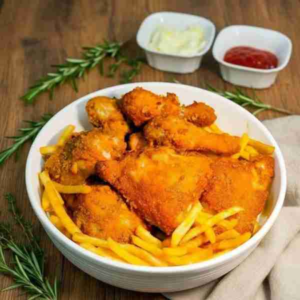 Crispy Fried Chicken with Fries 📝 Ingredients: 1 whole chicken pieces plain yogurt + 2 tbsp 2 cups...