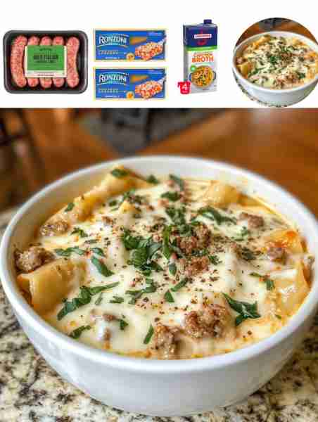Creamy Alfredo Lasagna Soup Ingredients: - 1 lb ground Italian sausage - 1 onion, chopped - 3 cloves...