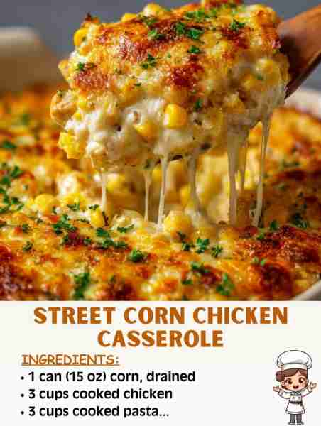 🌽 Street Corn Chicken Casserole 🛒 Ingredients 3 cups cooked chicken (shredded or cubed, rotisserie...