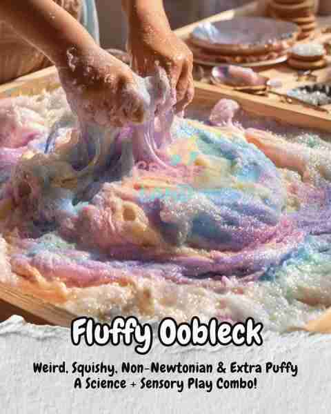 Fluffy Oobleck Ingredients: - 2 cups cornstarch - 1 cup water (add slowly, adjust as needed) - 1–2 c...
