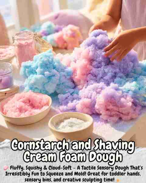 Cornstarch and Shaving Cream Foam Dough 🛒 Ingredients (Makes 1 batch): - 1 cup cornstarch - 1 cup s...