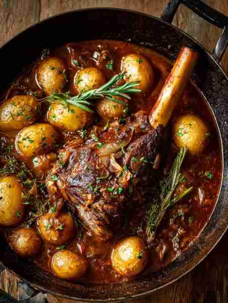 lamb shanks and bavarian style potatoes INGREDIENTS: - 4 lamb shanks - Salt and pepper to taste - 3t...