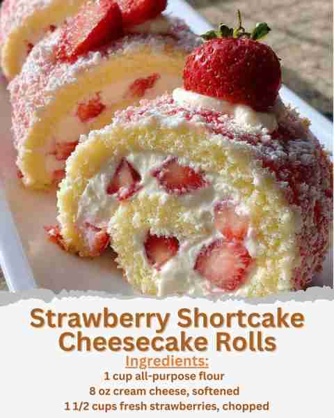 Strawberry Shortcake Cheesecake Rolls Ingredients: - 1 cup all-purpose flour - 1/4 cup granulated su...