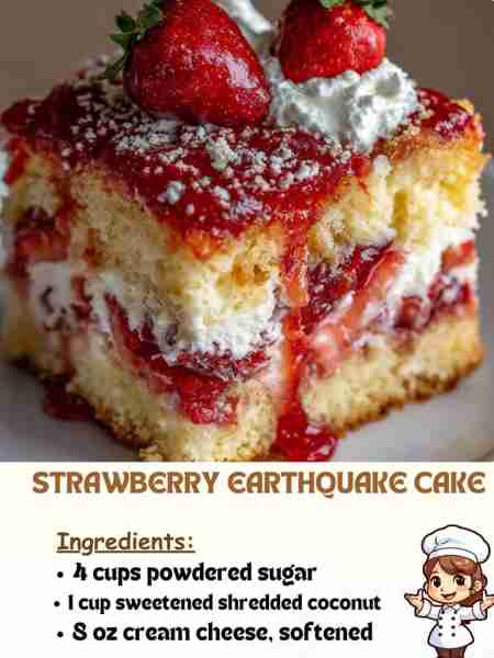 Strawberry Earthquake Cake Ingredients 4 cups powdered sugar 1 cup sweetened shredded coconut 8 oz c...