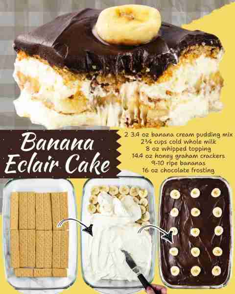 BANANA ECLAIR CAKE! 2 3.4 oz banana cream pudding mix 2¾ cups cold whole milk 8 oz whipped topping 1...