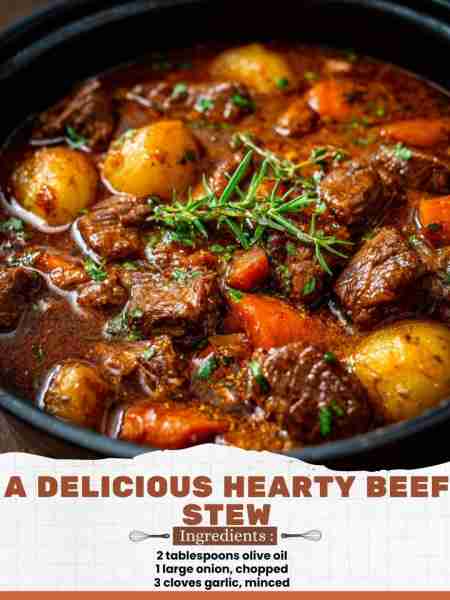 A Delicious Hearty Beef Stew Ingredients: 2 tablespoons olive oil 1 large onion, chopped 3 cloves ga...