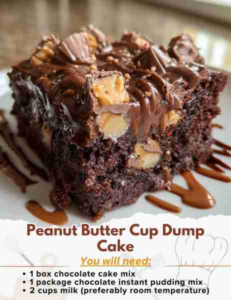 Peanut Butter Cup Dump Cake Ingredients: - 1 box chocolate cake mix - 1 package (3.9 oz) chocolate i...