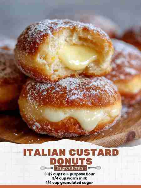 Italian Custard Donuts Ingredients: 3 1/2 cups all-purpose flour 3/4 cup warm milk 1/4 cup granulate...