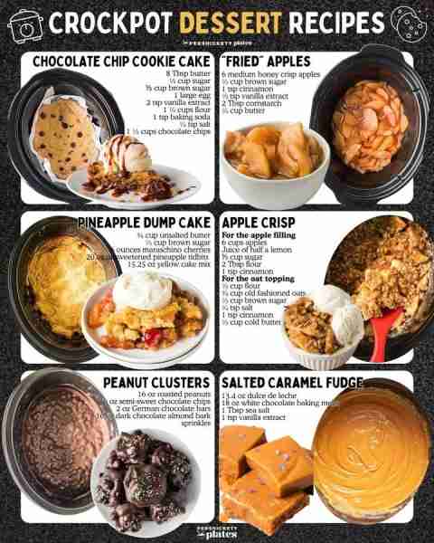 Six sweet treats to make in the crockpot! 🍪 🍪 Slow Cooker Chocolate Chip Cookie Cake 8 Tbsp butter...