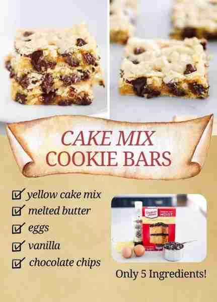 Cake mix cookie bars are an easy 5-ingredient dessert recipe. They’re moist, chewy and loaded with g...