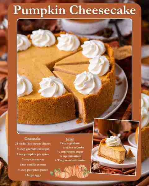 Pumpkin Cheesecake 🎃🍰 Crust 2 cups graham cracker crumbs 6 Tbsp melted butter ¼ cup granulated sug...