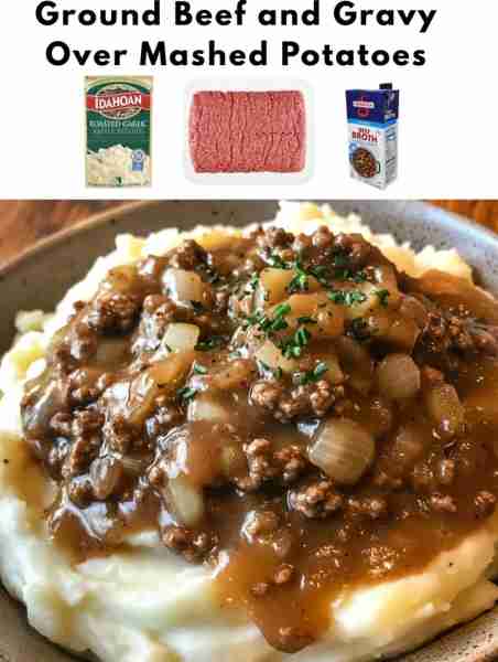 Ground Beef and Gravy Over Mashed Potatoes Ingredients: - 1 lb ground beef - 1 onion, diced - 2 clov...