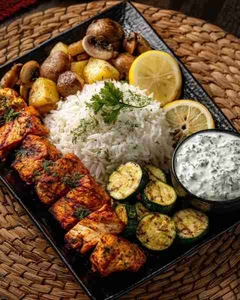 🍢 Mediterranean Chicken Skewers with Herbed Rice, Grilled Zucchini & Tzatziki 🧄🍋 Prep Time: 25 mi...