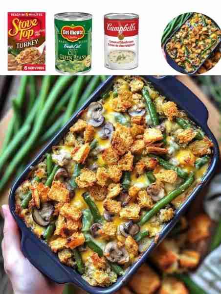 Green Bean Stuffing Casserole Ingredients: - 2 cans of green beans - 1 can of cream of mushroom soup...