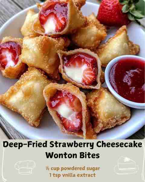 🍓 Deep-Fried Strawberry Cheesecake Wonton Bites 🥟 Ingredients 8–10 square wonton wrappers 1 cup (2...