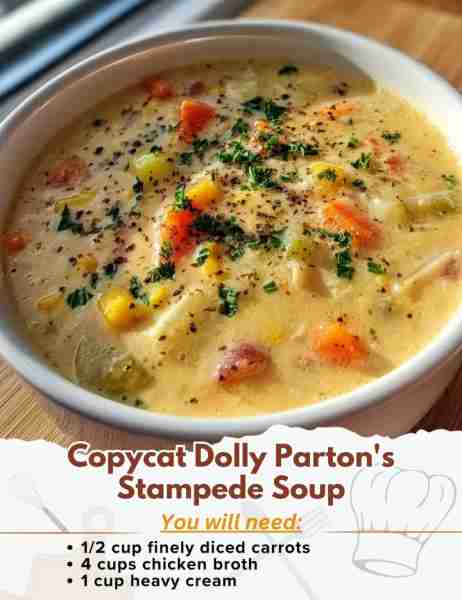 Copycat Dolly Parton's Stampede Soup Ingredients: - 1/2 cup finely diced carrots - 1/2 cup finely d...