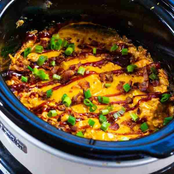 Slow Cooker BBQ Chicken Dip- this creamy cheesy dip with diced chicken and bacon is flavored with BB...