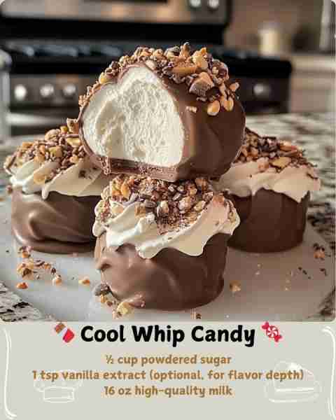 🍫 Cool Whip Candy 🍬 Ingredients (Makes 20–24 bite-sized candies) 1 (8 oz) tub Cool Whip, fully tha...