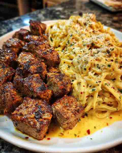 Garlic Butter Steak Tips with Cheesy Linguine in Cheddar Sauce Ingredients: 1 ½ lbs sirloin or ribey...