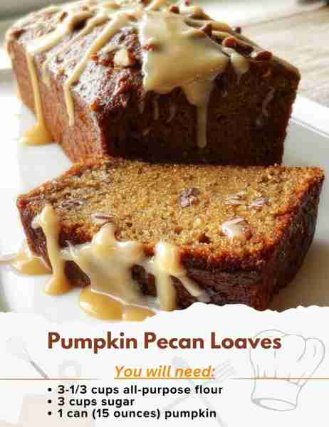 Pumpkin Pecan Loaves Ingredients: - 3-1/3 cups all-purpose flour - 3 cups sugar - 2 teaspoons baking...