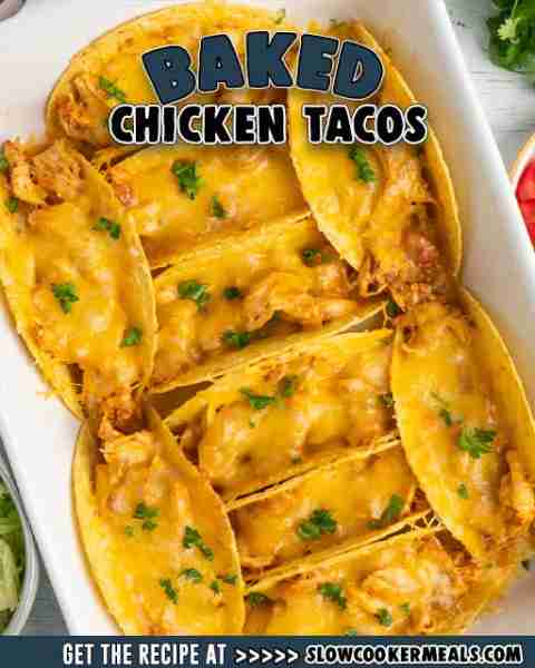 Baked chicken tacos are delicious, cheesy tacos stuffed with zesty, shredded slow cooker chicken and...