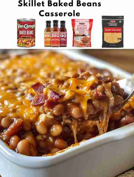 2 cans of baked beans - 1/2 cup of BBQ sauce - 1/4 cup of brown sugar - 1/2 cup of diced onion - 4 s...