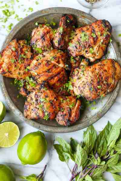 Thai Chicken Thighs - Cilantro, Thai basil, fish sauce, lime juice and brown sugar = best marinade e...