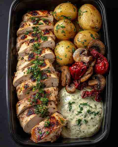 🍗 Grilled Herb Chicken with Baby Potatoes, Mushrooms, Sun-Dried Tomatoes & Creamy Herb Sauce 🌿 Pre...