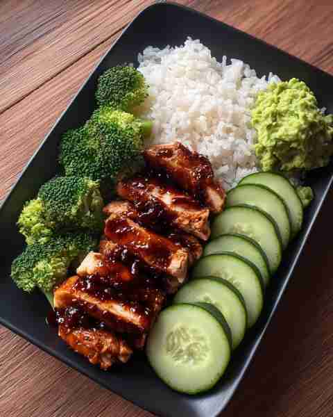 No leftovers were seen after this one — Teriyaki Chicken Bowl with Broccoli, Rice, Cucumber & Avocad...