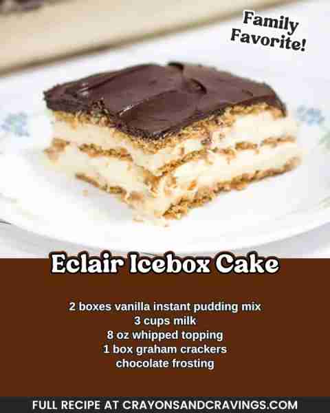 Easy No-Bake Eclair Dessert **INGREDIENTS** 2 boxes vanilla instant pudding mix 3 cups milk 8 oz whi...